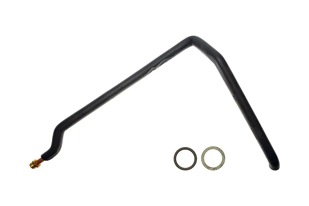 Brötje Hydraulikrücklaufrohr in L-Form, aus Metall, mit einer Anschlussschraube, daneben zwei Dichtungen.