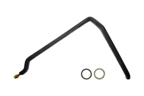 Brötje Hydraulikrücklaufrohr in L-Form, aus Metall, mit einer Anschlussschraube, daneben zwei Dichtungen.