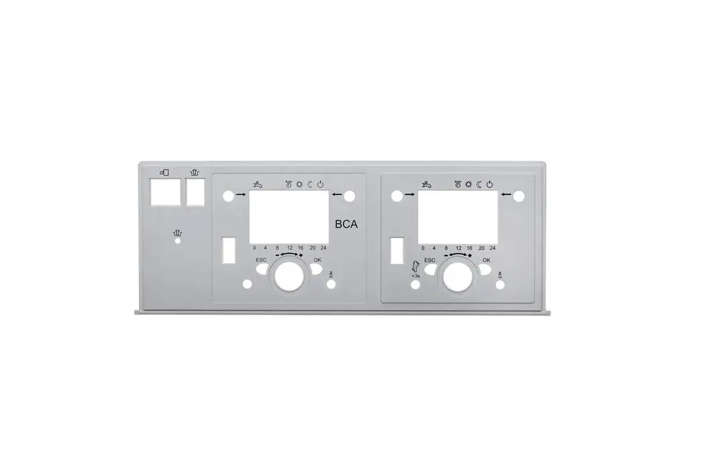Brötje Bedienteilhalter in Silber, mit mehreren Bedienelementen und Anzeigen. Enthält Platten für Temperatur- und Zeiteinstellungen sowie Platz für eine Anzeige.