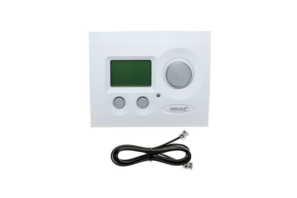 Bedieneinheit von Brötje mit grünem Display und Bedientasten. Dazu ein Kabel mit RJ-45-Anschlüssen.