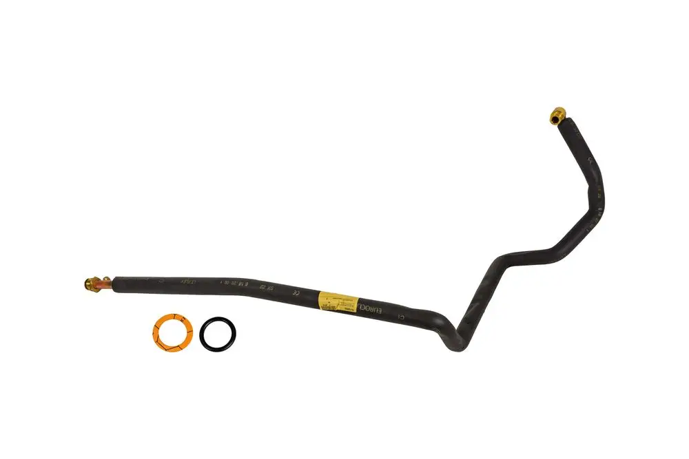 Brötje Heizungsrücklaufrohr mit verschiedenen Anschlüssen und Dichtungsringen. Das Rohr hat eine gebogene Form und ist aus flexiblem Material gefertigt.