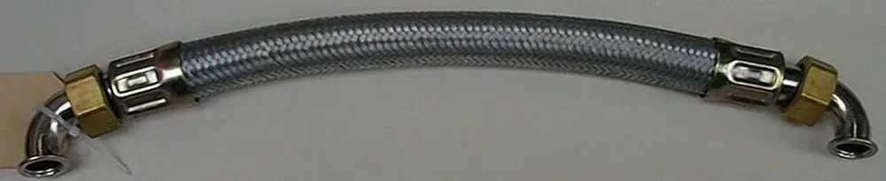 Flexible Schlauchleitung mit gebogenem Ende und Metallanschlüssen, geeignet zur Verbindung von Heizsystemen. Produkt von Brötje.