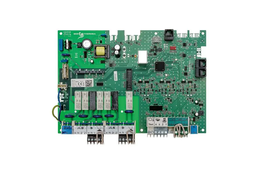 Grüne Hauptplatine von Brötje mit mehreren Relais, Verbindungsanschlüssen und einem zentralen Mikrochip, offensichtlich für den Einsatz in Heiz- oder Regelungssystemen.