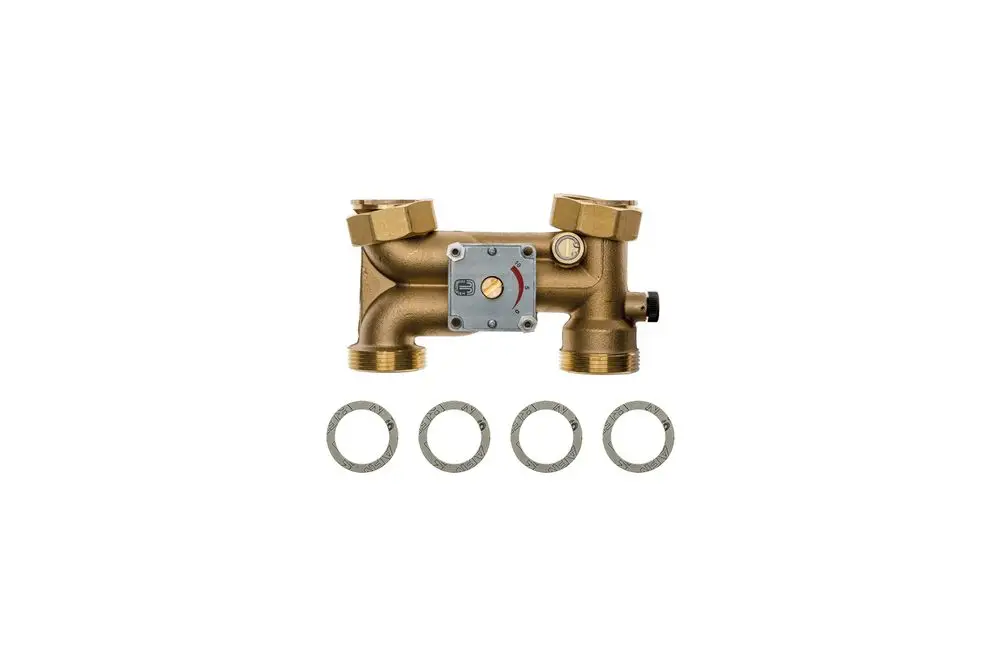 Brötje Mischventil mit zwei Anschlussmöglichkeiten und einem regulierbaren Element, um die Mischung von Wasserströmen zu steuern. Enthalten sind vier Dichtungsringe.