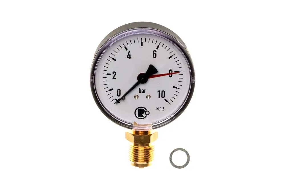Manometer mit einem Ziffernblatt, das bar misst, und einer Skala bis 10. Auf der Vorderseite ist das Logo von Brötje sichtbar. Es hat einen gewindeartigen Anschluss.