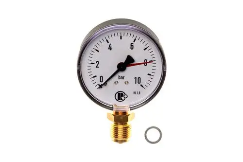 Manometer mit einem Ziffernblatt, das bar misst, und einer Skala bis 10. Auf der Vorderseite ist das Logo von Brötje sichtbar. Es hat einen gewindeartigen Anschluss.