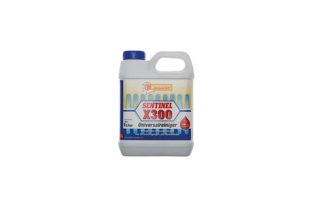 Plastikflasche mit Henkel enthält Reinigungsmittel von Brötje, in blauer und gelber Farbgestaltung, zur Reinigung von Heizungsanlagen. Inhalt 1 Liter.
