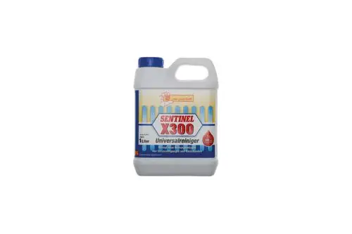 Plastikflasche mit Henkel enthält Reinigungsmittel von Brötje, in blauer und gelber Farbgestaltung, zur Reinigung von Heizungsanlagen. Inhalt 1 Liter.