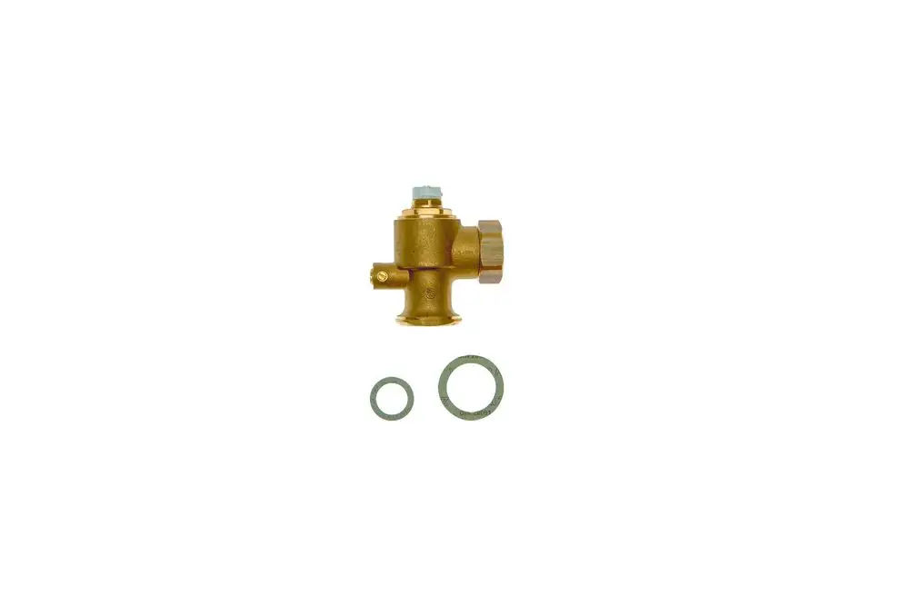 Brötje Winkelsperre in Goldfarbe mit einer Anschlussstelle und zwei Dichtungen. Das Produkt zeigt eine Komponente für Heizungsinstallationen.