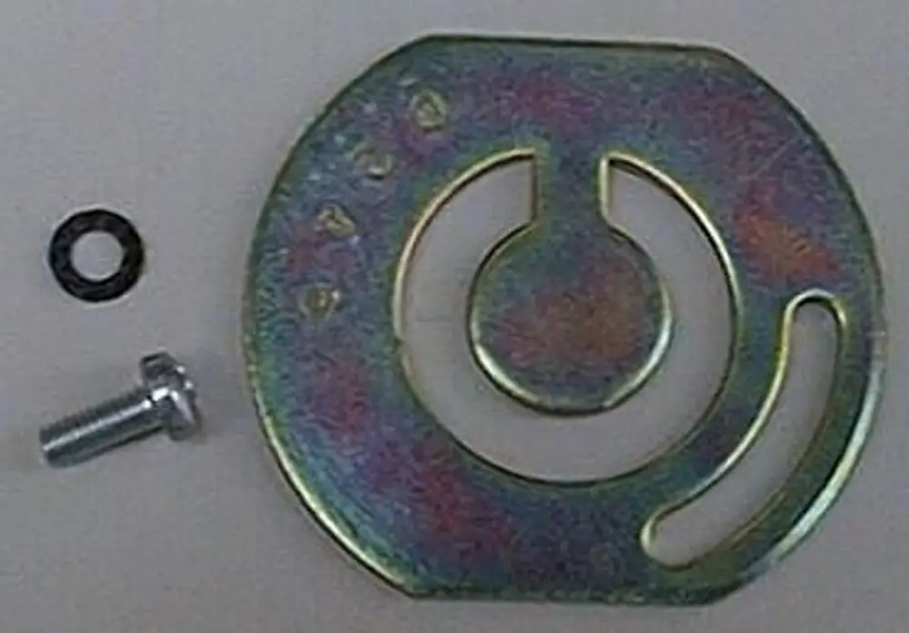 Brötje Stellring aus Metall mit kreisförmigem Ausschnitt, einem zentralen Loch und einer seitlichen Aussparung, begleitet von einem Schrauben und einer Dichtung.