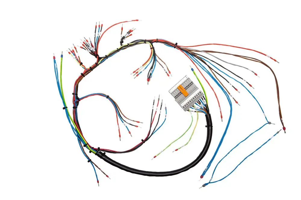 Kabelbaum von Brötje mit mehreren farbigen Kabeln, die zu einem Stecker führen. Die Kabel sind unordentlich angeordnet, einige mit abisolierten Enden.