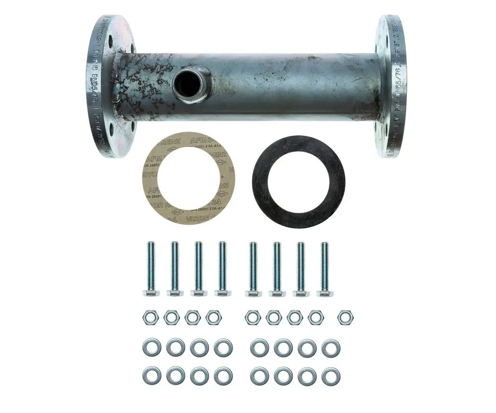 Brötje Verbindungsflansch aus Metall mit zwei Flanschen und mehreren Schrauben, Unterlegscheiben und Dichtungen für sichere Rohrverbindungen.
