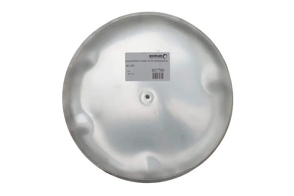 Metallene Endkappe von Brötje, innen glatt, mit einer zentralen Öffnung und einem Aufkleber mit Artikelnummer, anscheinend für Rohrsysteme geeignet.