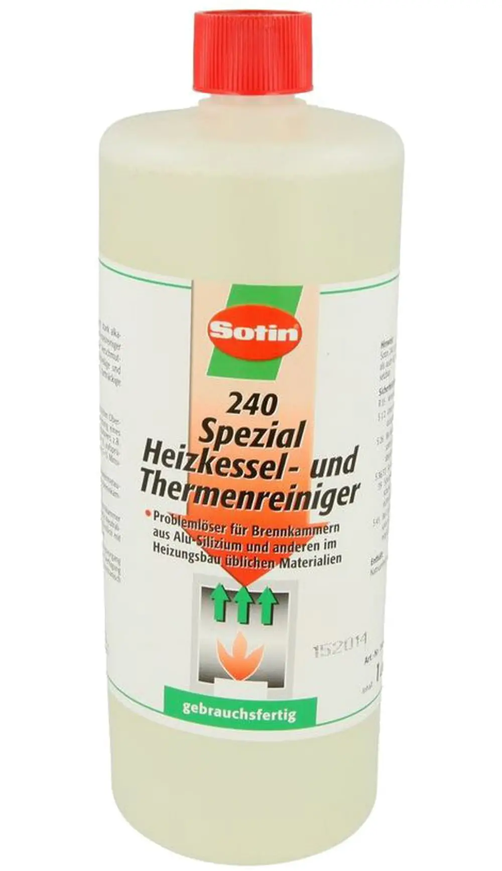 Transparente Flasche mit rotem Deckel, gefüllt mit einer Reinigungsflüssigkeit von Brötje, gekennzeichnet für Heizkessel- und Thermenreinigung.