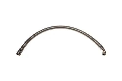 Brötje Panzerschlauch mit gebogenem Ende und Metalloberfläche. Das Produkt dient zur Verbindung von Heizsystemen und ist flexibel einsetzbar.