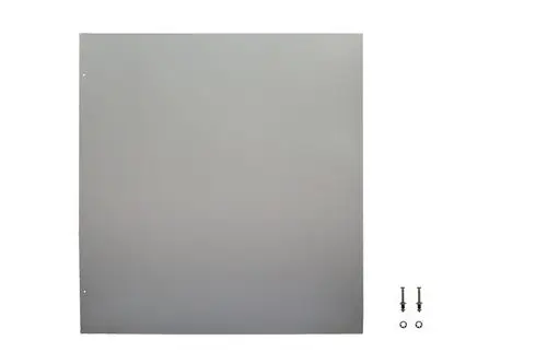 Graue Verkleidungsseite von Brötje mit isolierter Oberfläche, die links oder rechts angebracht werden kann. Zwei Schrauben und Unterlegscheiben sind im Bild zu sehen.