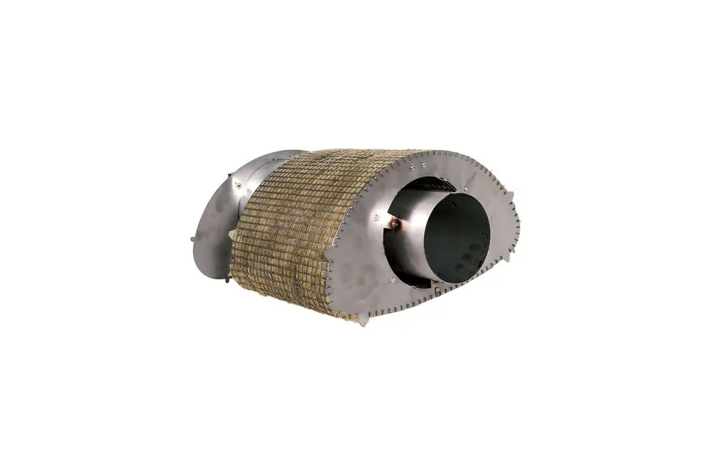 Schalldämpfer mit metallischem Gehäuse und isolierender Umwicklung, präsentiert von Brötje. Das Produkt hat eine ovale Form und dient zur Geräuschreduzierung.