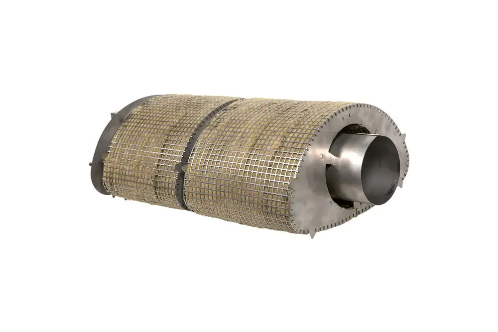 Schalldämpfer aus Metall mit korrosionsbeständiger Umhüllung. Rundes Gehäuse, geeignet für Heizsysteme von Brötje, zur Reduzierung von Geräuschen.