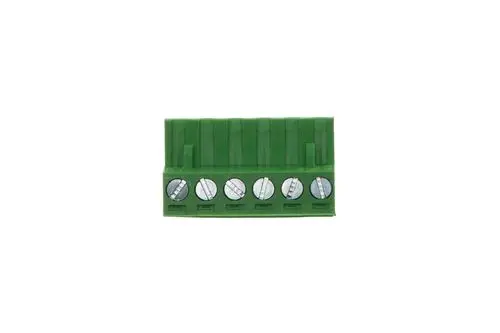 Grüner Stecker mit sechs Anschlüssen und Schrauben von Brötje. Eignet sich für elektrische Verbindungen in Heizungsanlagen.