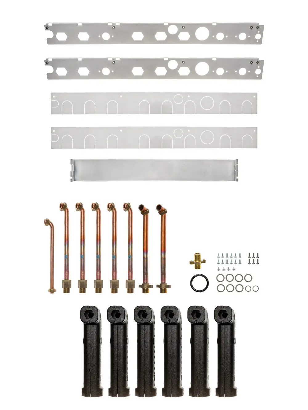 Montageset mit verschiedenen Aluminiumprofilen, Kupferrohren, Anschlussstücken und Schrauben, geeignet für Brötje Produkte mit seitlichem Anschluss.