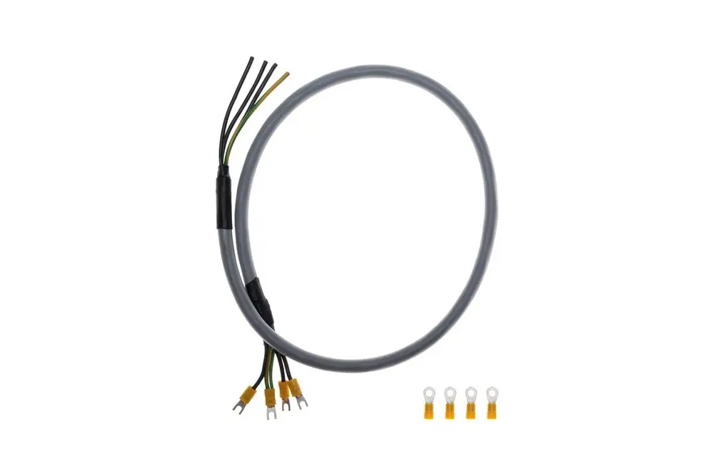 Brötje Kabelsatz mit vier Aderleitungen in grauem Mantel, Enden mit flachen Steckübergängen in gelb für die elektrische Verbindung.