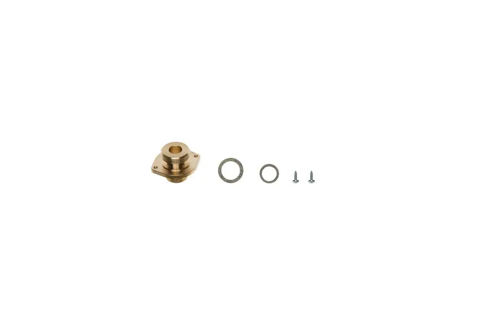 Brötje Reduzierung mit einem gewindeten Anschluss und zwei Schrauben, sowie einer Dichtung. Komponenten in einem neutralen Layout auf hellem Hintergrund abgebildet.