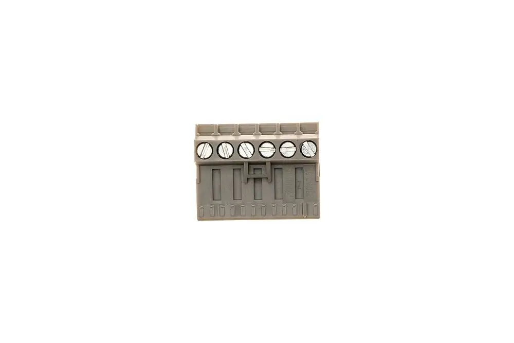 Brötje 6-poliger Stecker in grau mit sechs Kontaktlöchern und Schrauben für die elektrische Verbindung auf einer neutralen Hintergrundfläche.