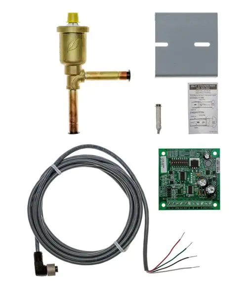 Brötje Reparaturset mit verschiedenen Komponenten, darunter ein Ventil, ein Kabelsatz, eine Steuerplatine, eine Montageschablone und ein Inlet-Strainer.