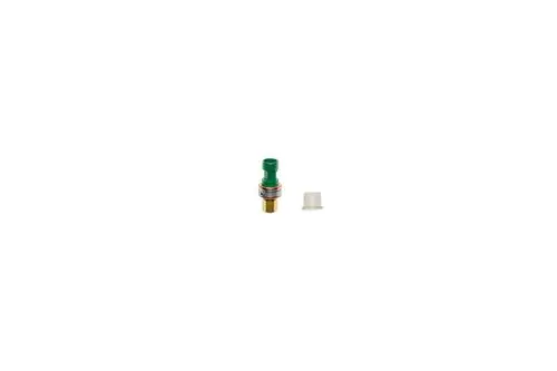 Brötje Niederdrucksensor in kompaktem Design mit grünem Element und beigem Gewinde. Neben dem Sensor befindet sich eine kleine Abdeckung.