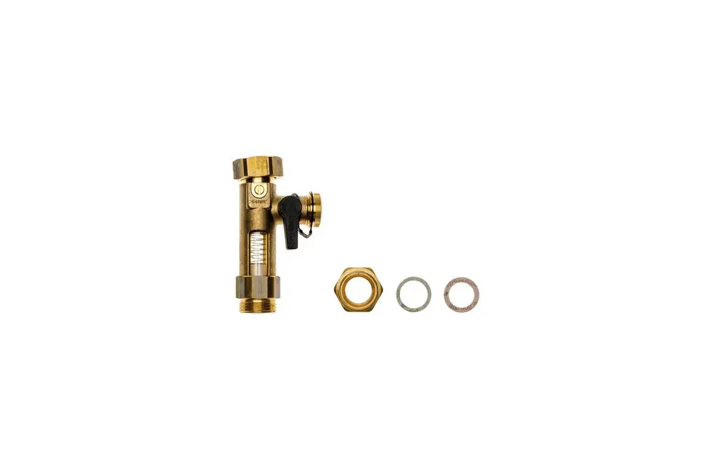 Brass-Ventil von Brötje mit Steuergriff und Manometer, zusammen mit einer Mutter und zwei Dichtscheiben.