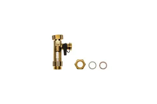 Brass-Ventil von Brötje mit Steuergriff und Manometer, zusammen mit einer Mutter und zwei Dichtscheiben.