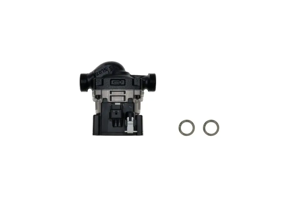 Brötje Pumpe mit zwei Anschlussmöglichkeiten und zwei Dichtungen. Das Gerät weist eine kompakte Bauform auf und ist für hydraulische Systeme konzipiert.