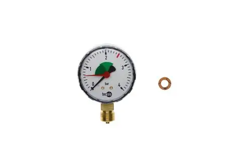 Manometer der Marke Brötje mit einem Ziffernblatt, das Druck in bar anzeigt, einschließlich einer rot-geschützten Nadel und einem Anschluss für G3/8-Befestigung.