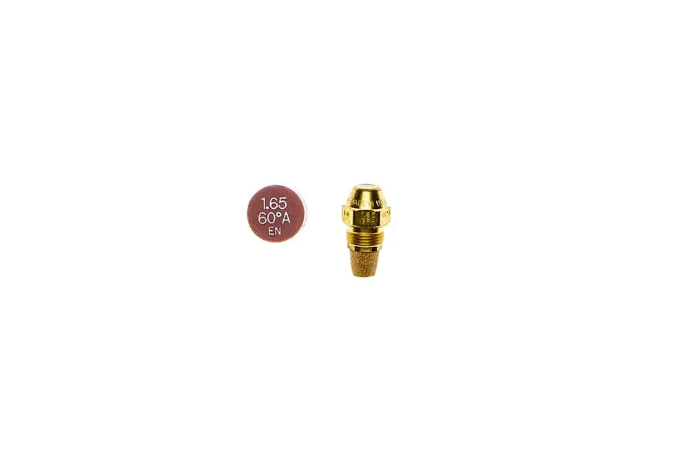 Brötje Düse in kugeliger Form mit Gewindeanschluss. Neben der Düse befindet sich eine markierte Plakette mit technischen Angaben.