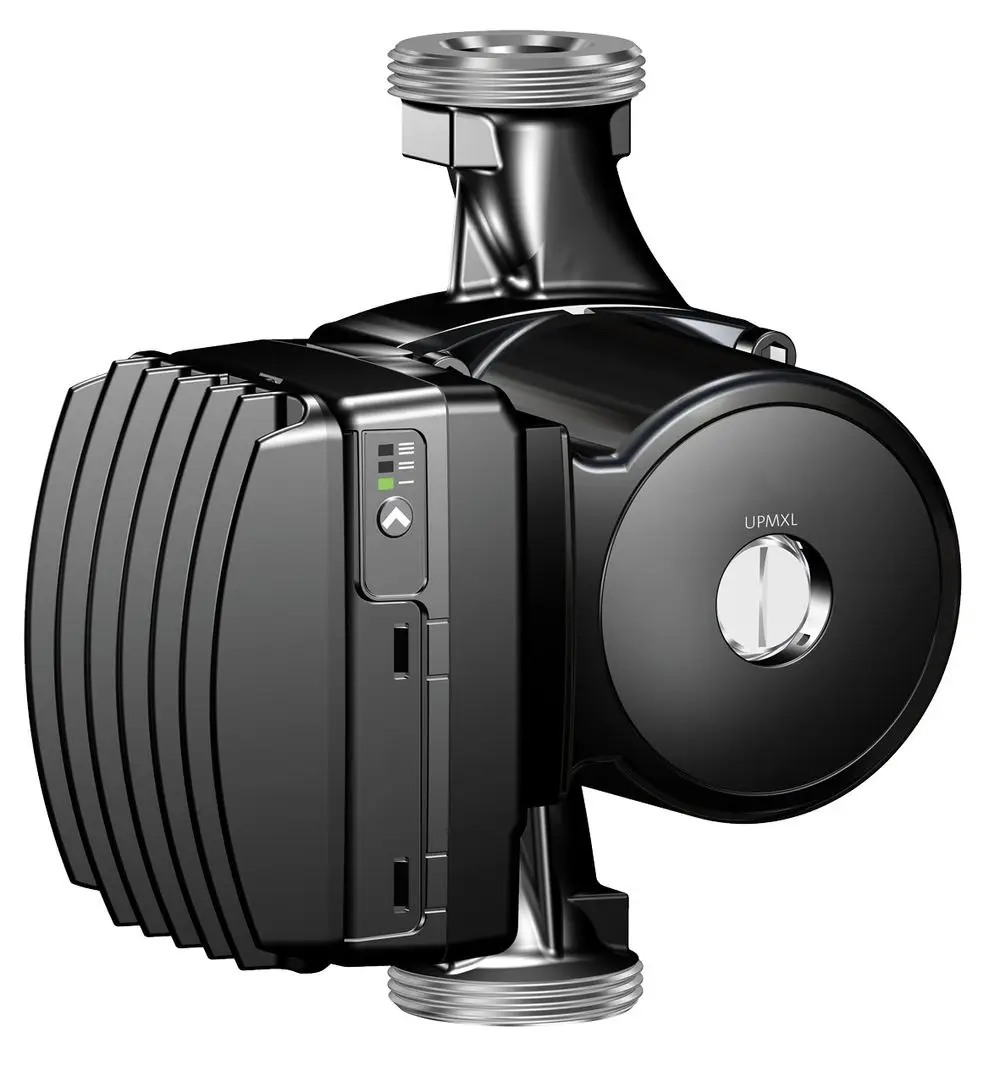 Brötje Umwälzpumpe in schwarzer Farbgestaltung mit sichtbarem Steuerpanel und Anschlüssen. Das Produkt ist für hydraulische Systeme konzipiert.