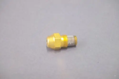 Brötje Düse in Gelb, mit hexagonalem Kopf und einem Auslass, der in einem Winkel von 45 Grad verläuft. Geeignet für Heizsysteme.