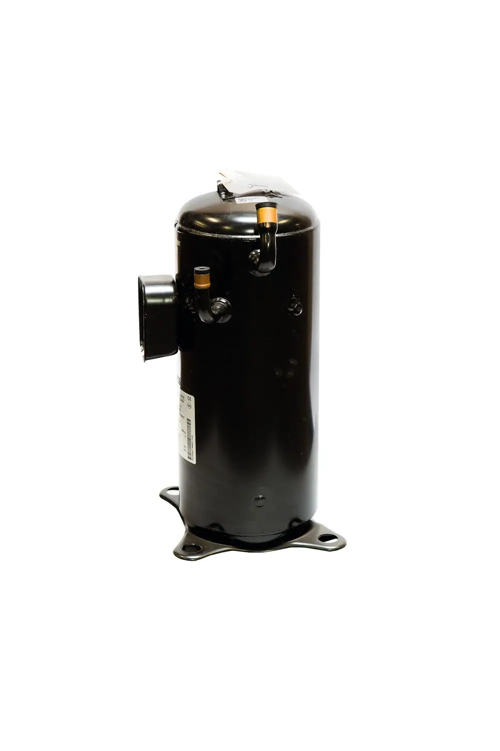 Brötje Kompressor in zylindrischer Form mit einer schwarzen Oberfläche. Es sind zwei Anschlüsse sichtbar, einer davon mit einem Stecker. Der Kompressor steht auf einer ebenen Fläche.