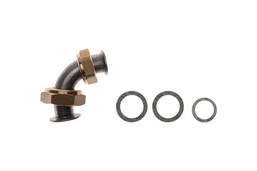 Brötje Produkt mit einer gebogenen Metallverbindung und drei Metallringen, die zur Befestigung oder Abdichtung verwendet werden können.