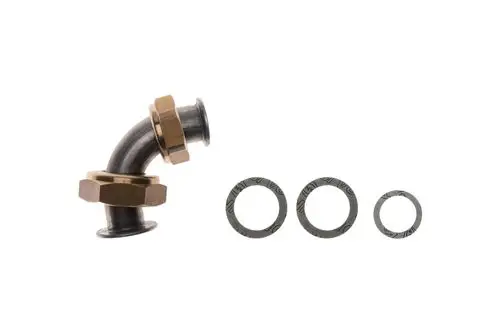 Brötje Produkt mit einer gebogenen Metallverbindung und drei Metallringen, die zur Befestigung oder Abdichtung verwendet werden können.