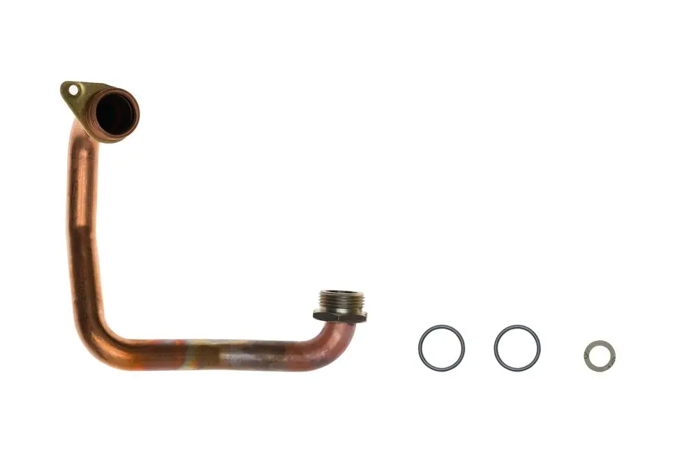 Rücklaufrohr von Brötje in Kupferoptik mit zwei O-Ringen und einer Dichtungsscheibe, gewundenes Design, ohne erkennbare Maße oder spezifische Artikelmerkmale.