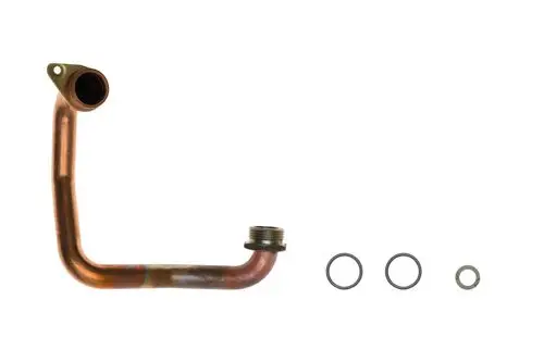 Rücklaufrohr von Brötje in Kupferoptik mit zwei O-Ringen und einer Dichtungsscheibe, gewundenes Design, ohne erkennbare Maße oder spezifische Artikelmerkmale.