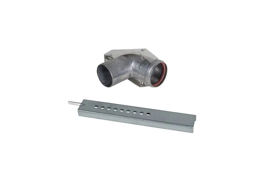 Stützbogen aus Metall mit gebogenem Anschluss und flacher Halterung. Teil der Brötje Produktreihe für Heizungsanlagen.