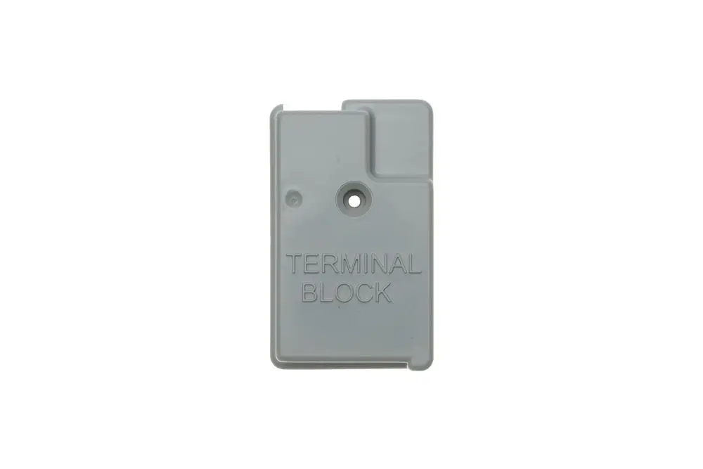 Graue Abdeckung für eine Klemmleiste, mit der Aufschrift "TERMINAL BLOCK". Geeignet für Brötje Produkte wie WHS/WHC.