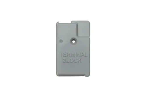Graue Abdeckung für eine Klemmleiste, mit der Aufschrift "TERMINAL BLOCK". Geeignet für Brötje Produkte wie WHS/WHC.