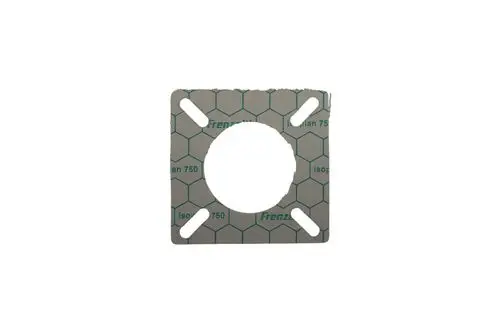 Brötje Dichtung mit quadratischer Form und innenliegendem Loch, auf grauer Oberfläche mit grüner Kennzeichnung und hexagonalem Muster.