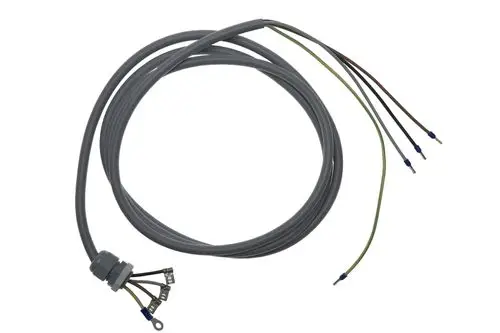 Graue elektrische Leitung mit mehreren Drähten, versehen mit Steckanschlüssen. Teil eines Kompressors, möglicherweise von der Marke Brötje.