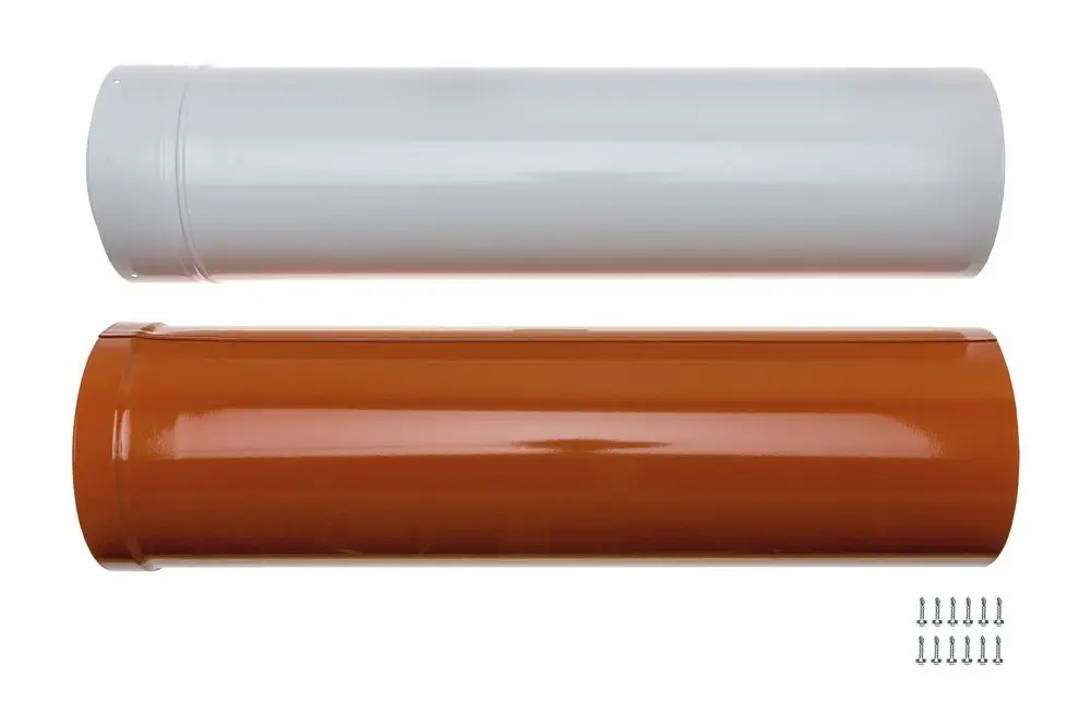 Zwei zylindrische Rohre, eines in Weiß und eines in Orange, liegen übereinander. Neben den Rohren befinden sich mehrere kleine Schrauben. Produkt von Brötje.