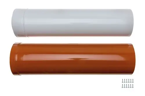 Zwei zylindrische Rohre, eines in Weiß und eines in Orange, liegen übereinander. Neben den Rohren befinden sich mehrere kleine Schrauben. Produkt von Brötje.