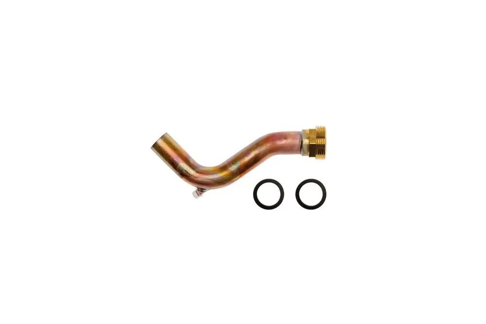 Brötje Metallleitung mit einer gebogenen Form, zwei O-Ringen darunter. Eignet sich für Heizungsanwendungen, insbesondere für Verdampferanschlüsse.
