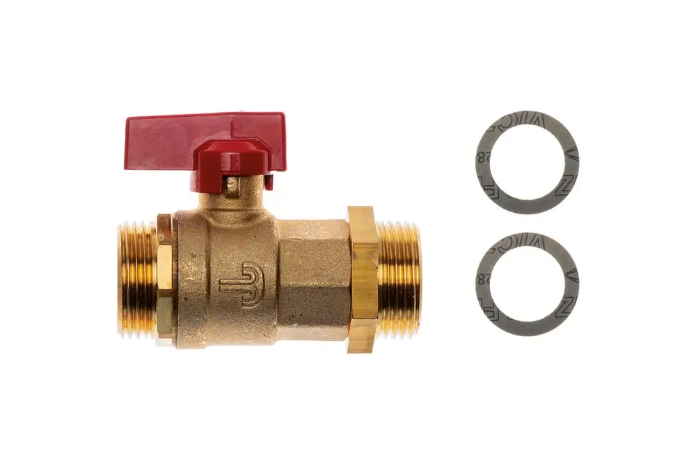 Brötje Kugelhahn aus Messing mit rotem Handhebel, versehen mit zwei Dichtungen. Verbindungselemente mit Außengewinde. Ideal für Trinkwarmwasser-Anwendungen.